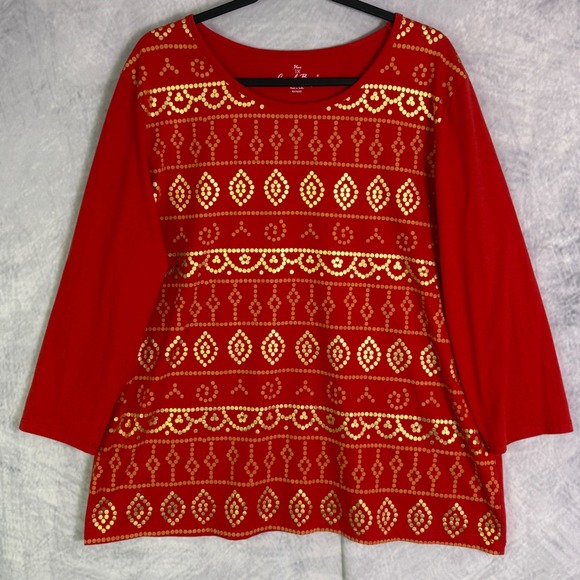 Coral Bay Top women's sz  1X Red Gold  boho artsy casual fall winter holiday - Picture 1 of 8